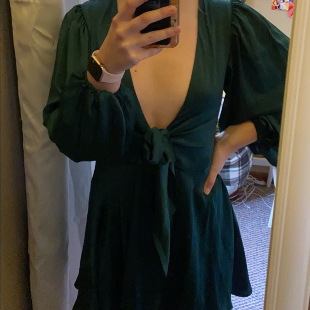 madison bow tie bust balloon sleeve dress green